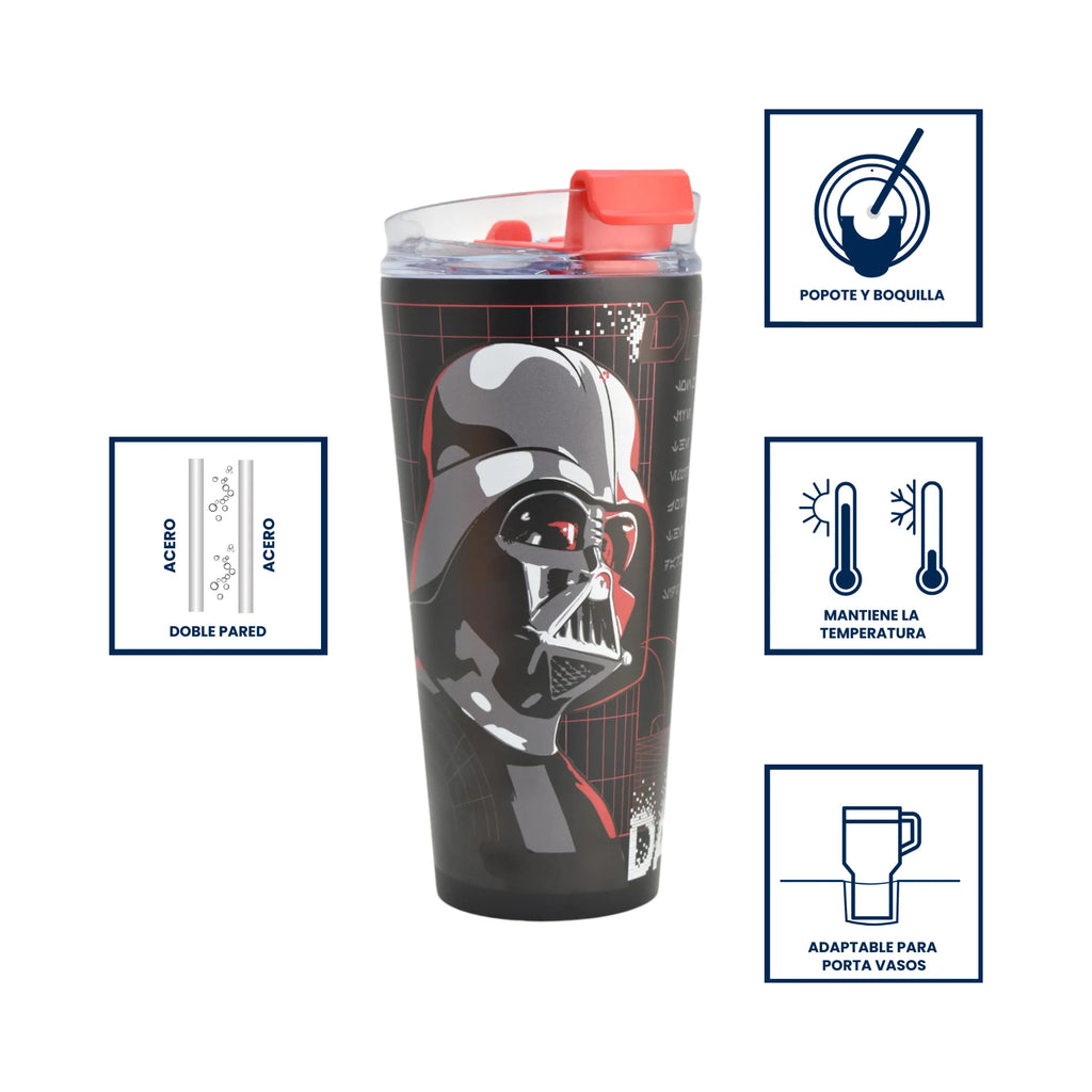 Termo de Acero Inoxidable con Doble Pared, Tapa Doble con Popote Star Wars 900ml