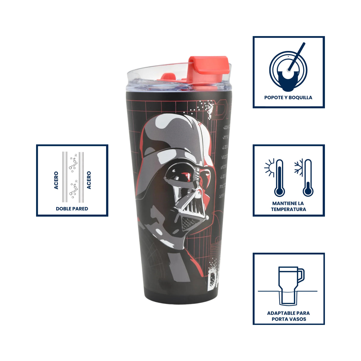 Termo de Acero Inoxidable con Doble Pared, Tapa Doble con Popote Star Wars 900ml