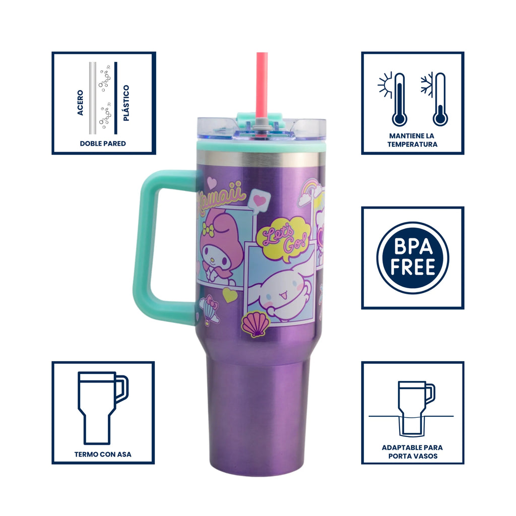 Termo de Acero Inoxidable con Doble Pared, Asa Y Popote Hello Kitty and Friends 1.2 Litros
