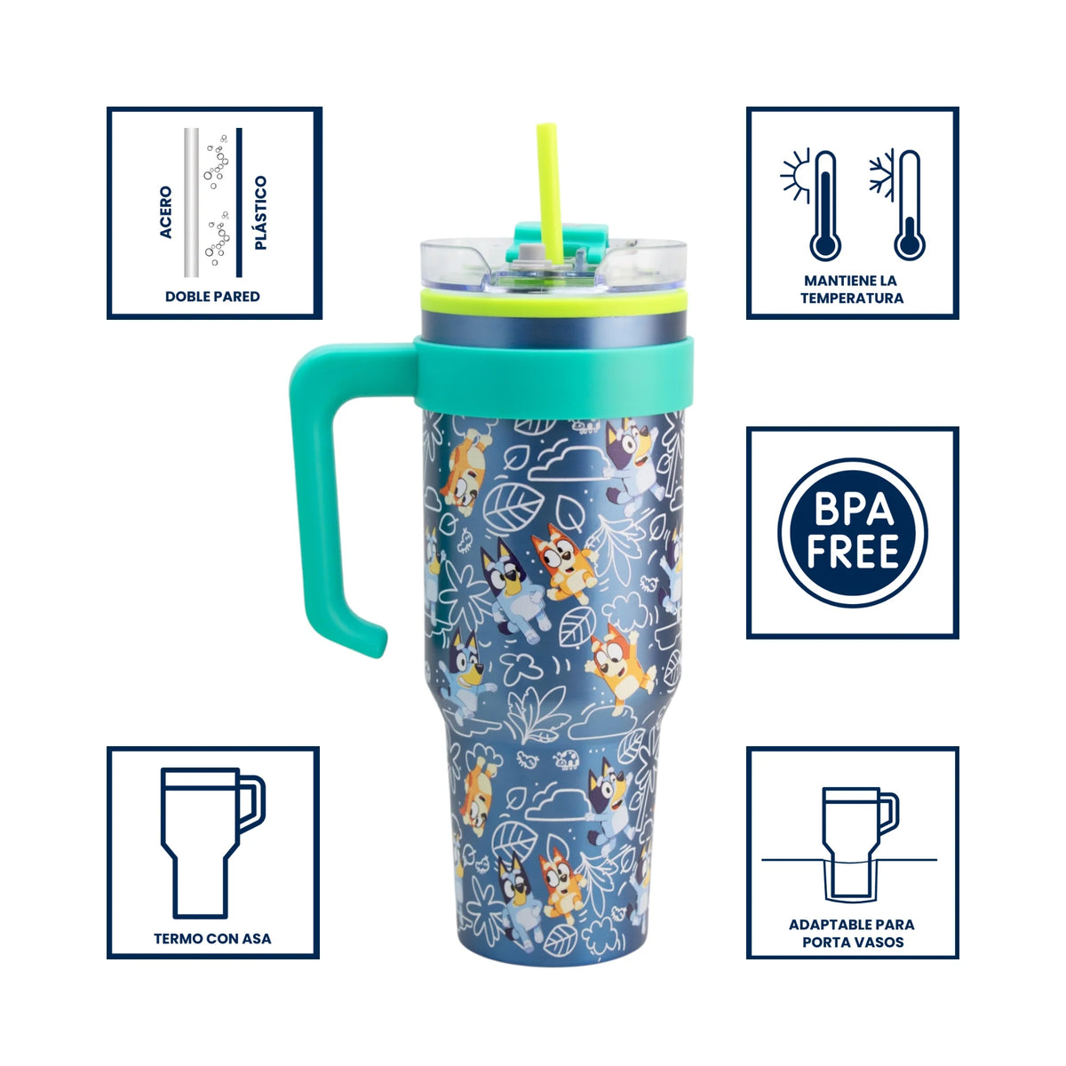 Termo de Acero Inoxidable con Doble Pared, Tapa Doble Hermética y Popote Bluey 1.2 Litros