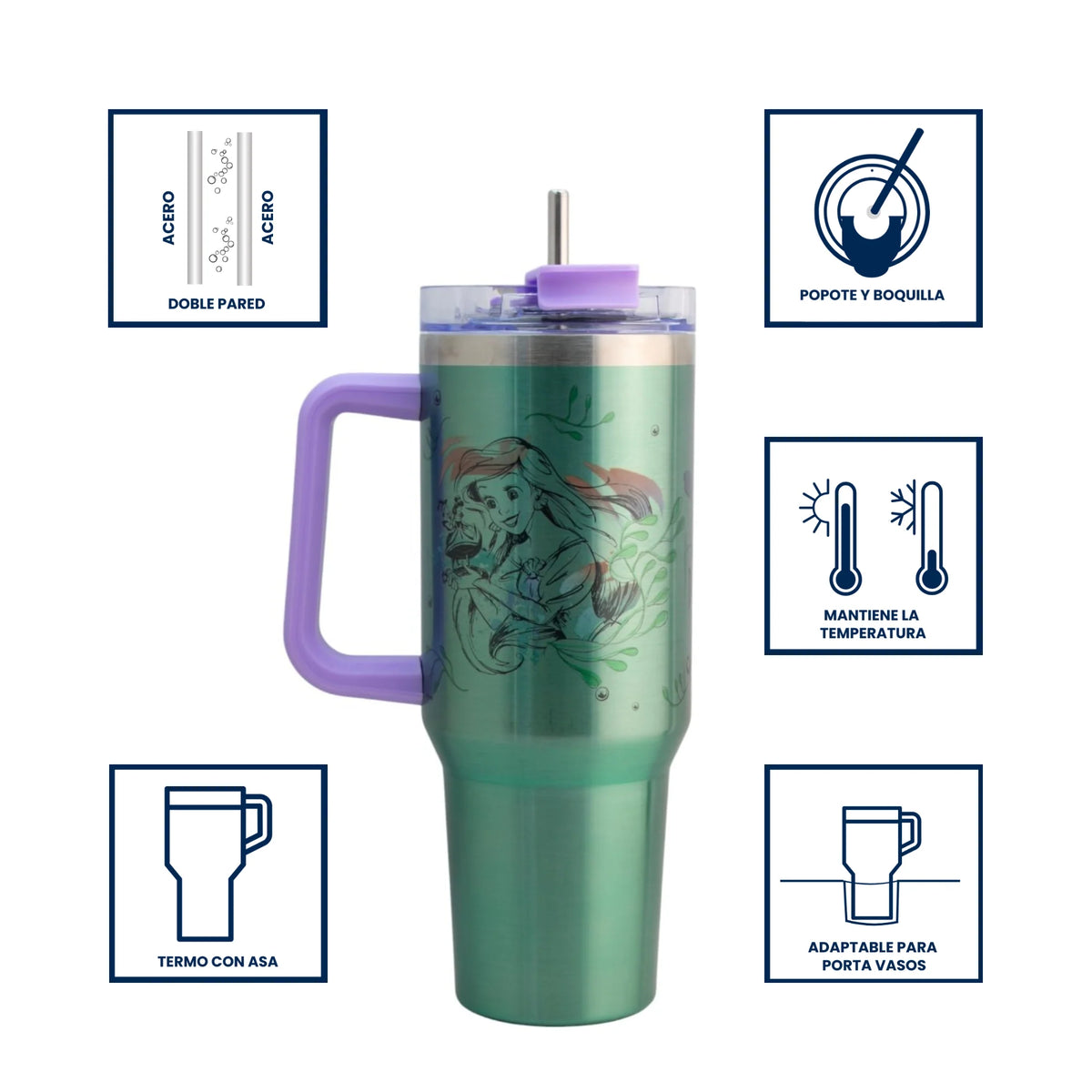 Termo de Doble Acero Inoxidable con Doble Pared, Tapa Doble y Popote La Sirenita 1.2 Litros
