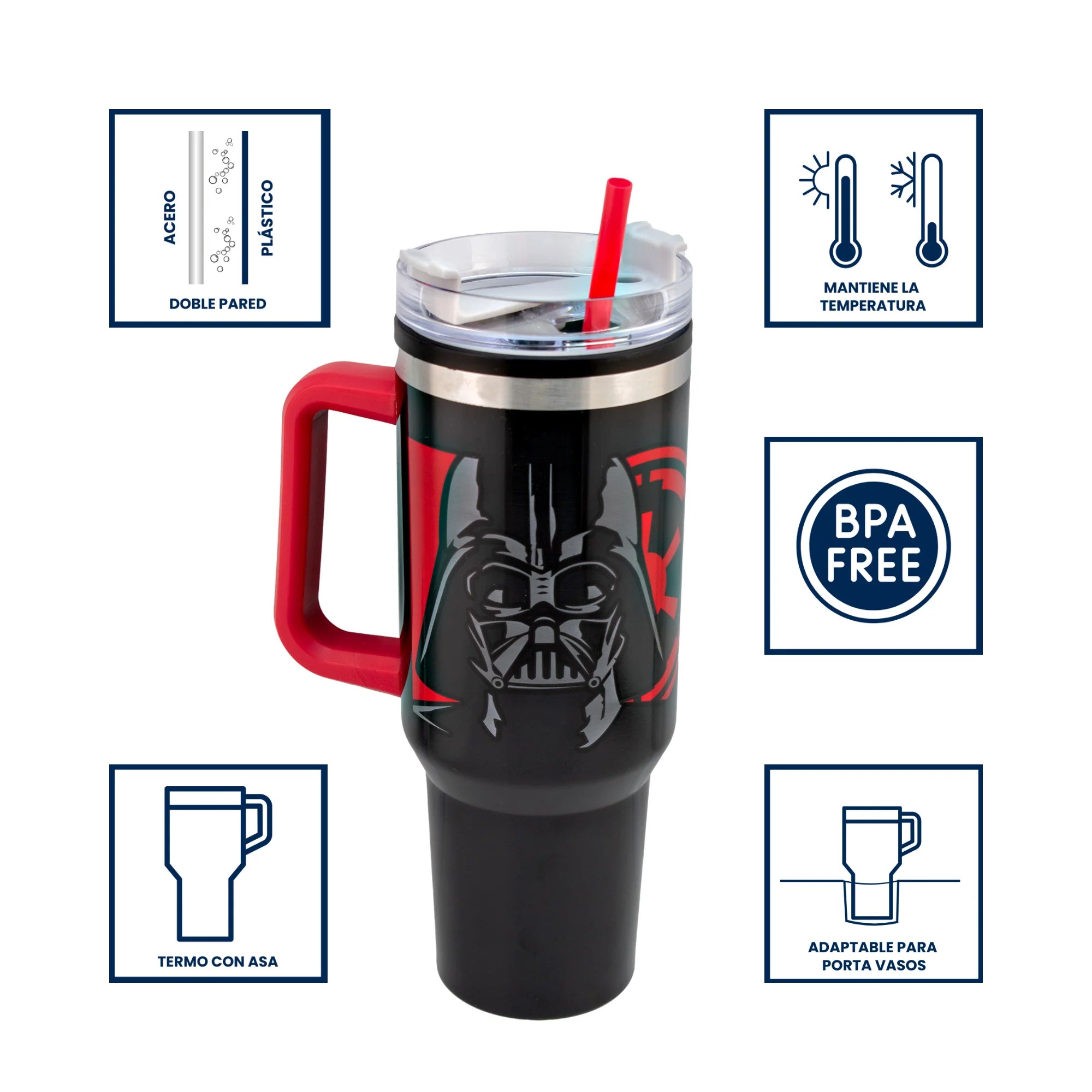 Termo de Acero Inoxidable con Doble Pared, Asa Y Popote Darth Vader 1.2 Litros