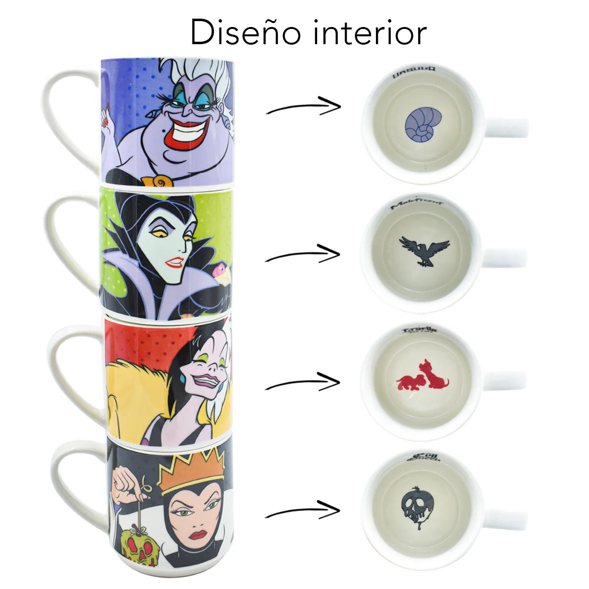 Juego de Tazas de Porcelana Apilables Fun Kids Disney Clásicos Villanas 330ml 4pzas