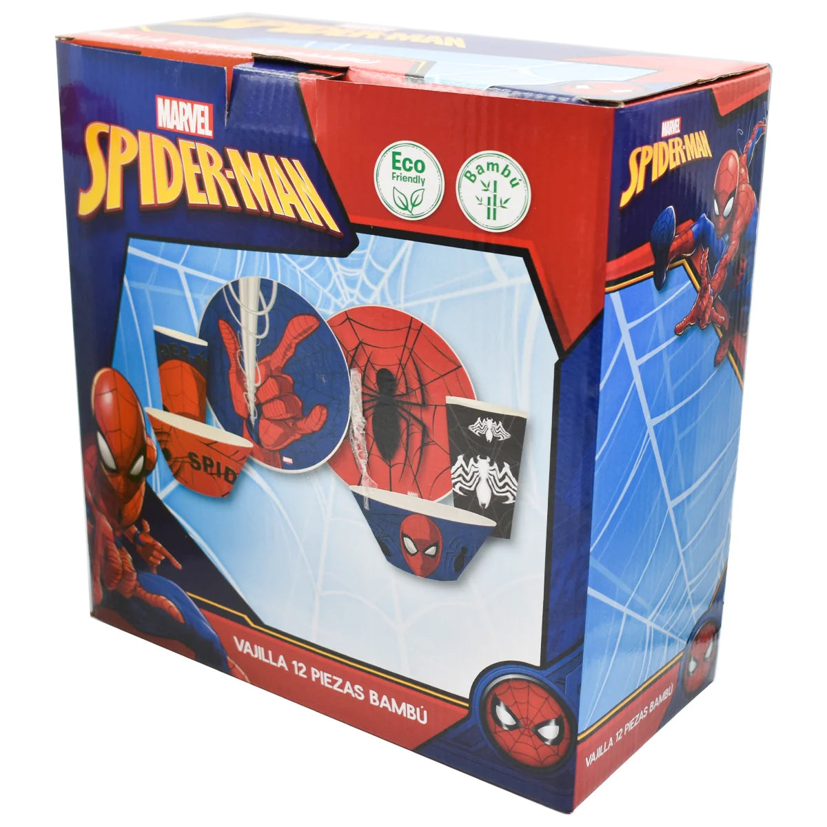 Vajilla para 4 Personas Ecologica Fun Kids Disney Marvel Spider Man Hombre Araña Fibra de Bambu 12pzas