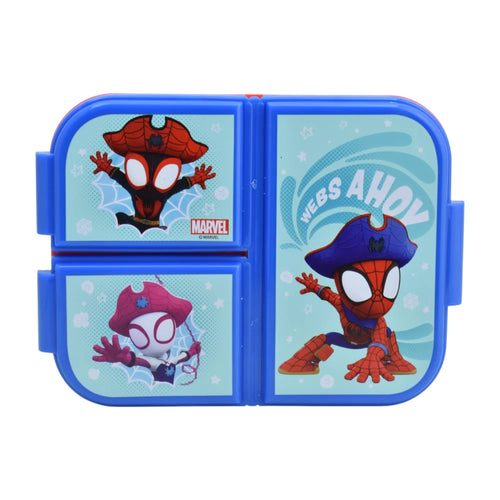 Magia Nostálgica blue plastic food container with 3 compartments and Spidey character graphics for kids