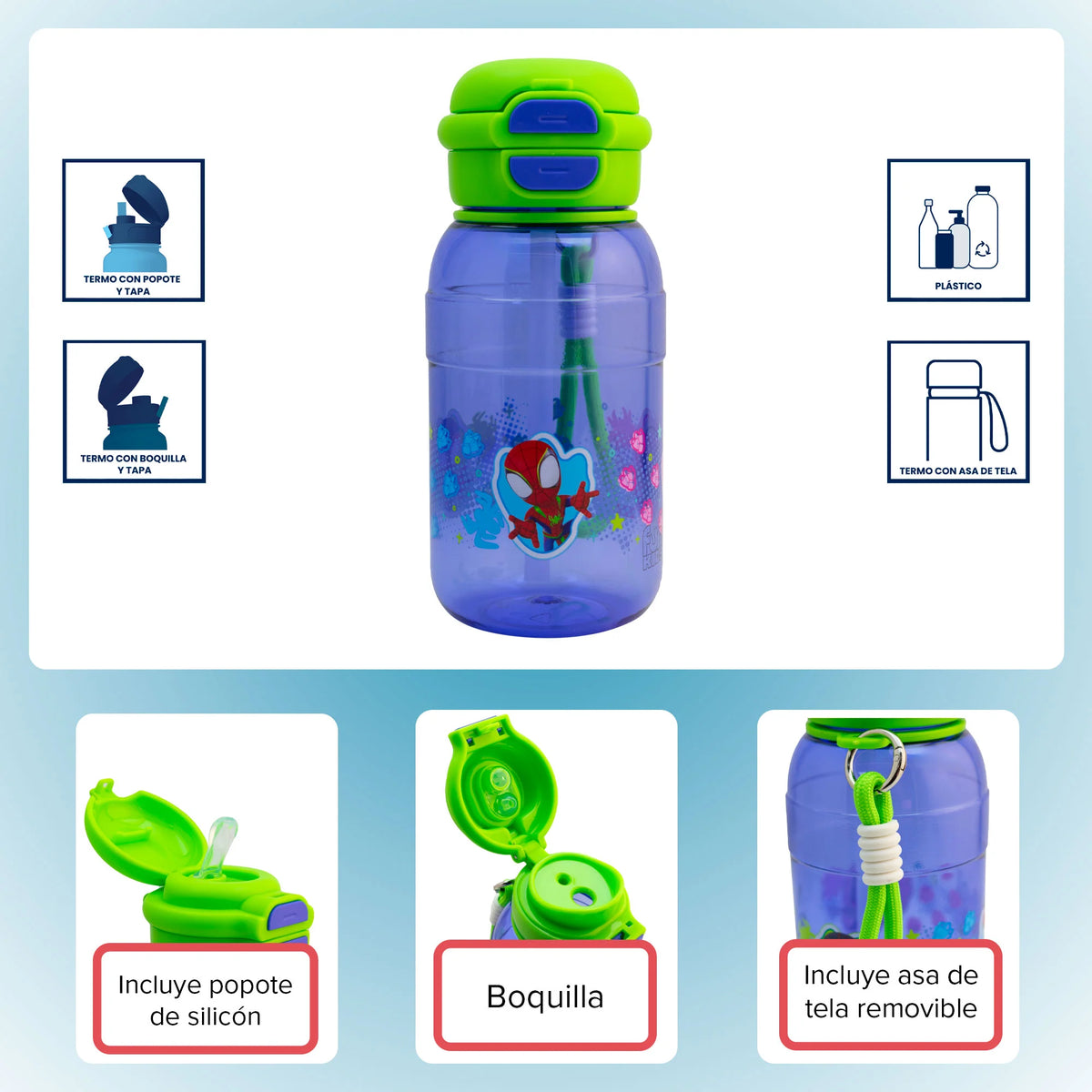 Botella de Plástico con Tapa Doble y Agarradera Fun Kids Spidey 680ml