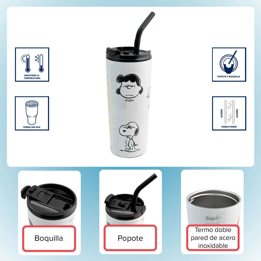 Termo de Acero Inoxidable con Doble Pared, Tapa y Popote Snoopy 600ml