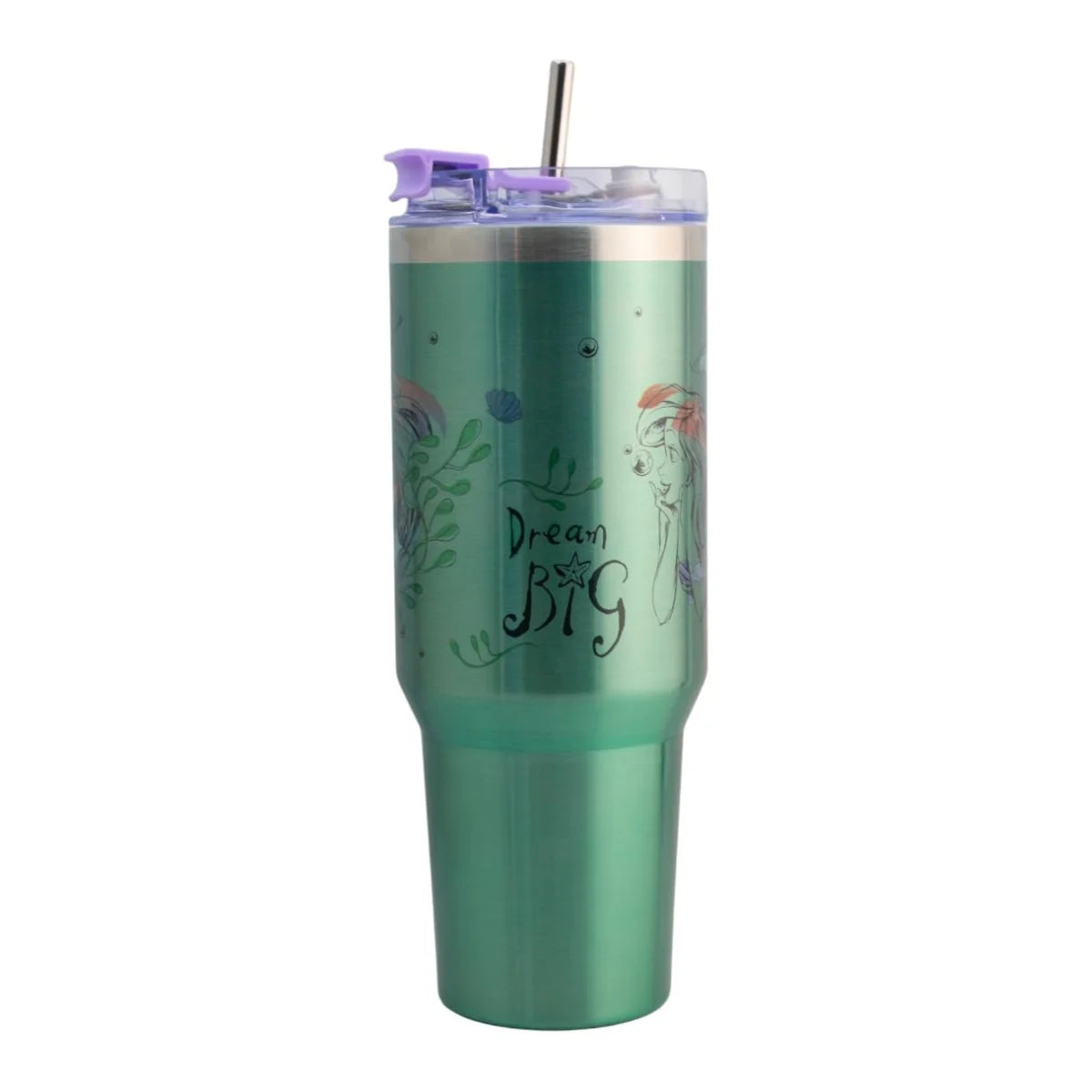 Termo de Doble Acero Inoxidable con Doble Pared, Tapa Doble y Popote La Sirenita 1.2 Litros