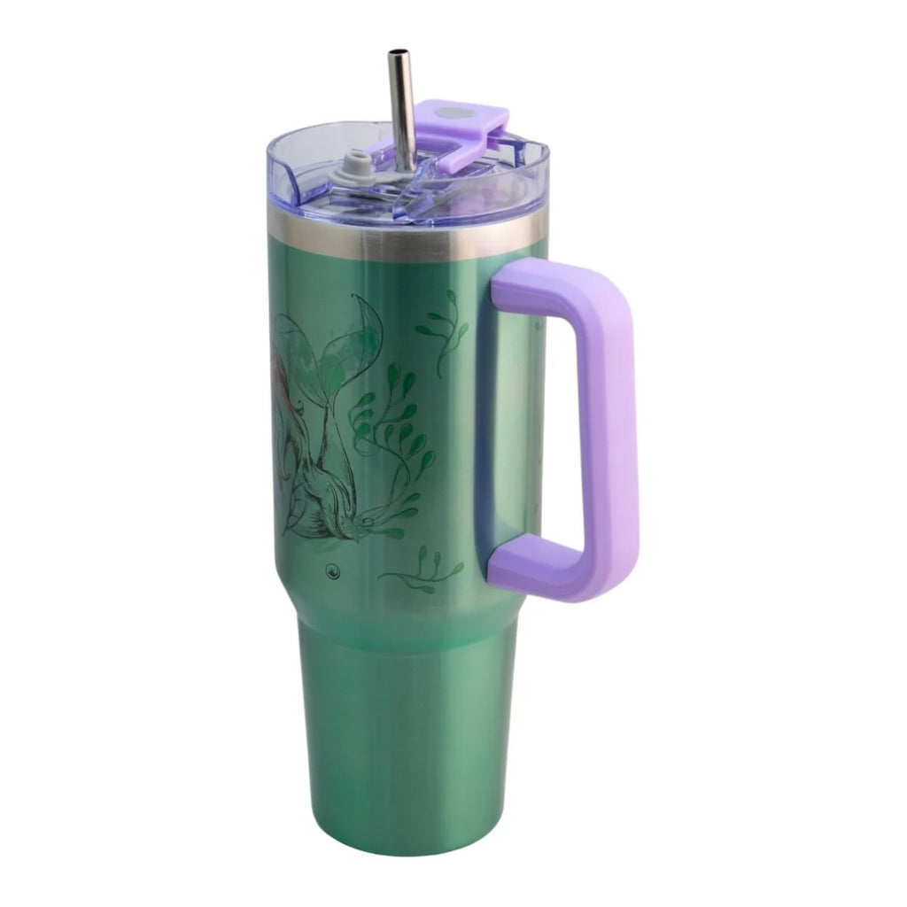 Termo de Doble Acero Inoxidable con Doble Pared, Tapa Doble y Popote La Sirenita 1.2 Litros