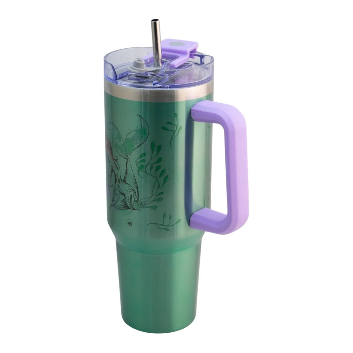 Termo de Doble Acero Inoxidable con Doble Pared, Tapa Doble y Popote La Sirenita 1.2 Litros