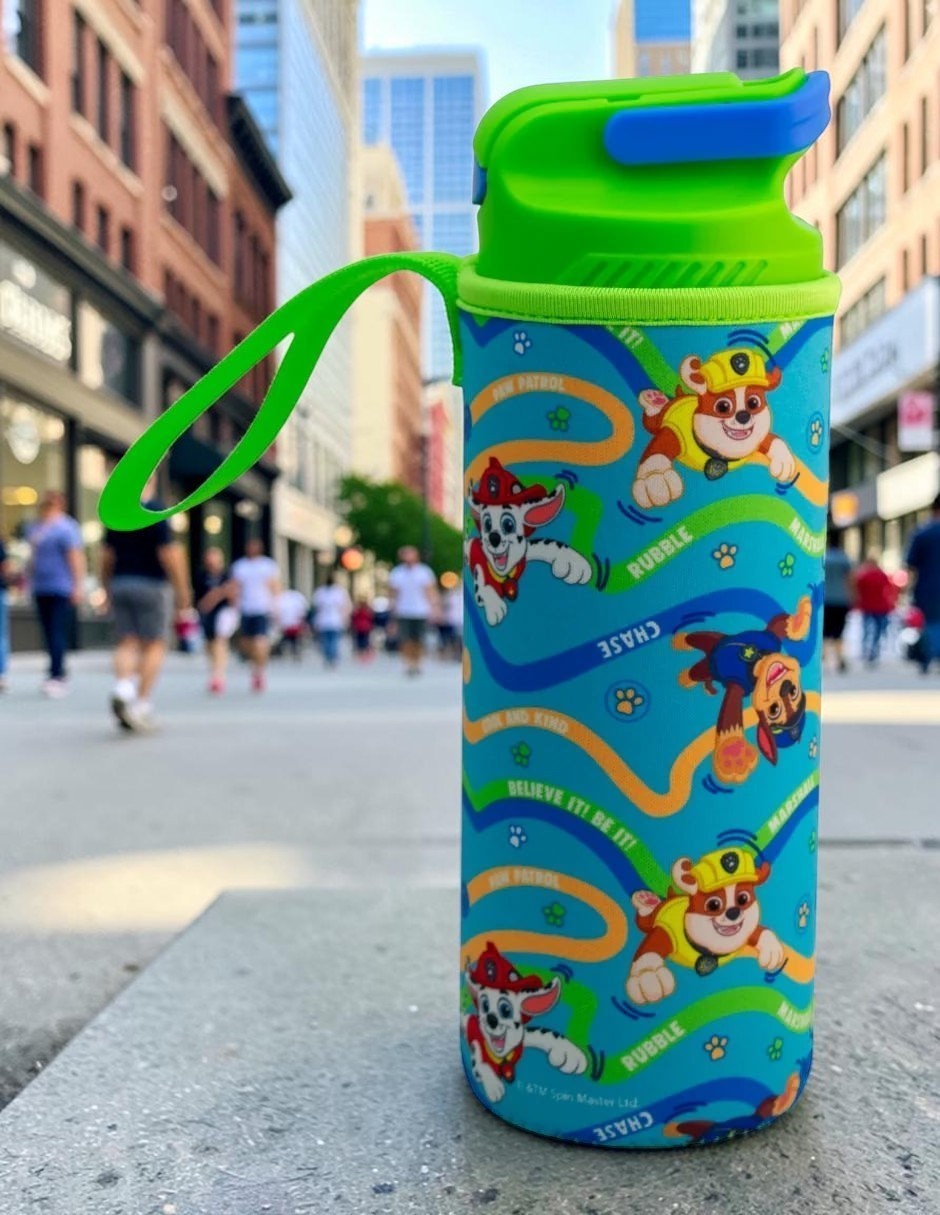 Botella de plástico Magia Nostálgica de Paw Patrol con funda de neopreno azul, tapa push-up verde y correa de transporte.