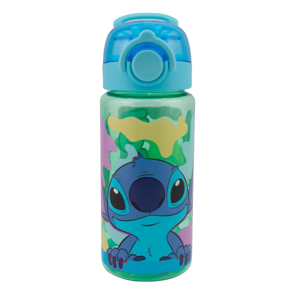 Botella de plástico Magia Nostálgica de 500 ml con diseño de Stitch, tapa azul con popote y agarradera integrada.