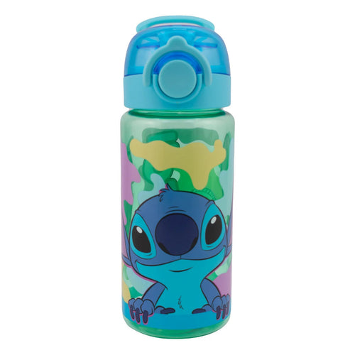 Botella de plástico Magia Nostálgica de 500 ml con diseño de Stitch, tapa azul con popote y agarradera integrada.