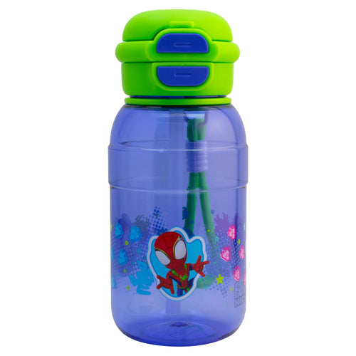 Botella de plástico Magia Nostálgica de 680ml con diseño de Spidey, tapa verde, popote y agarradera de tela.