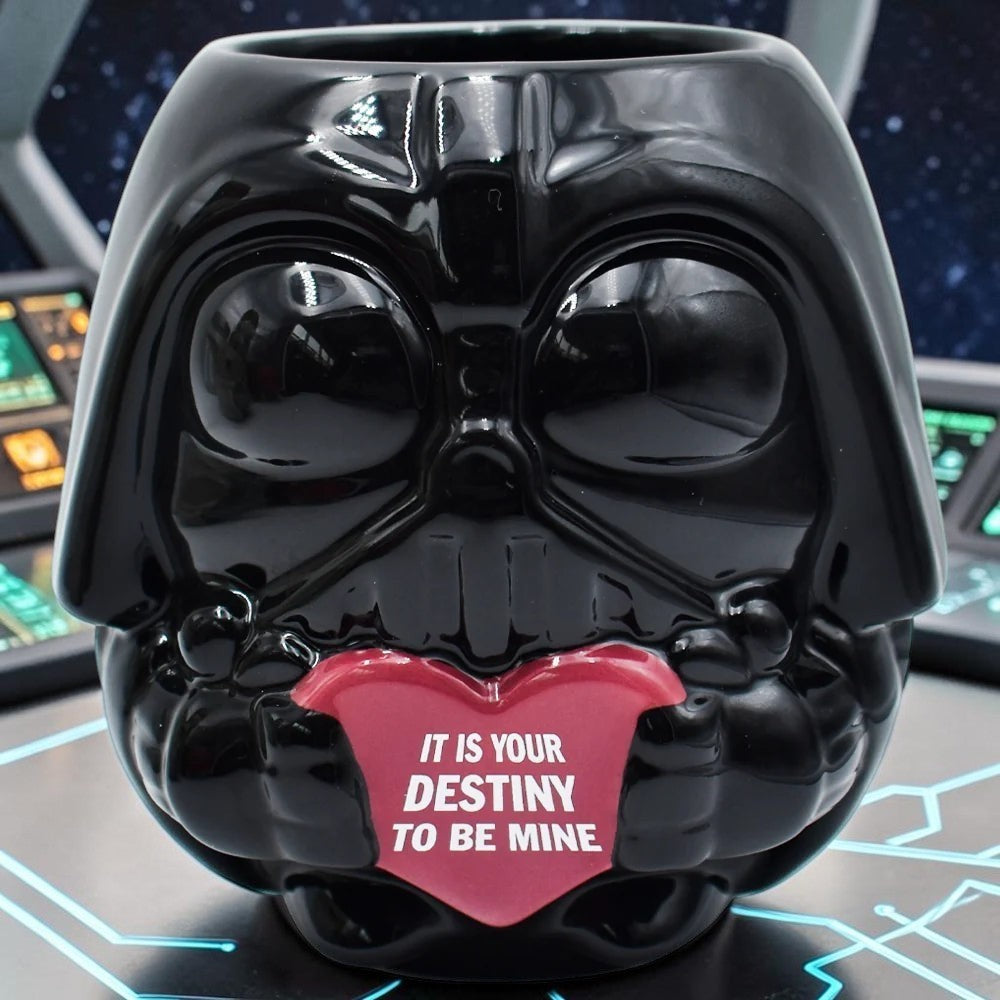 Magia Nostálgica 3D Darth Vader ceramic mug holding a red heart with the text It Is Your Destiny To Be Mine