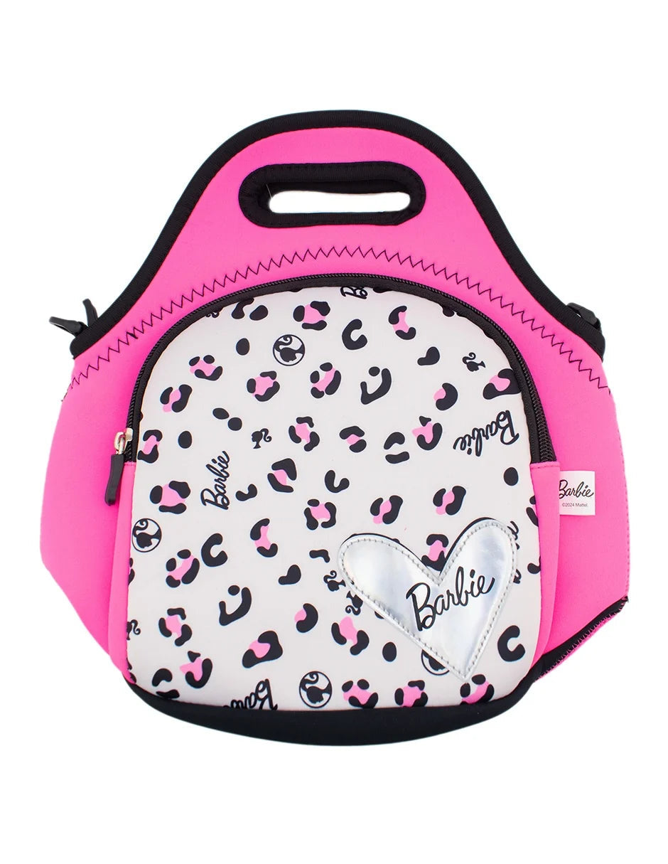 Lonchera térmica Magia Nostálgica de neopreno Barbie con estampado de leopardo, color rosa y detalle de corazón