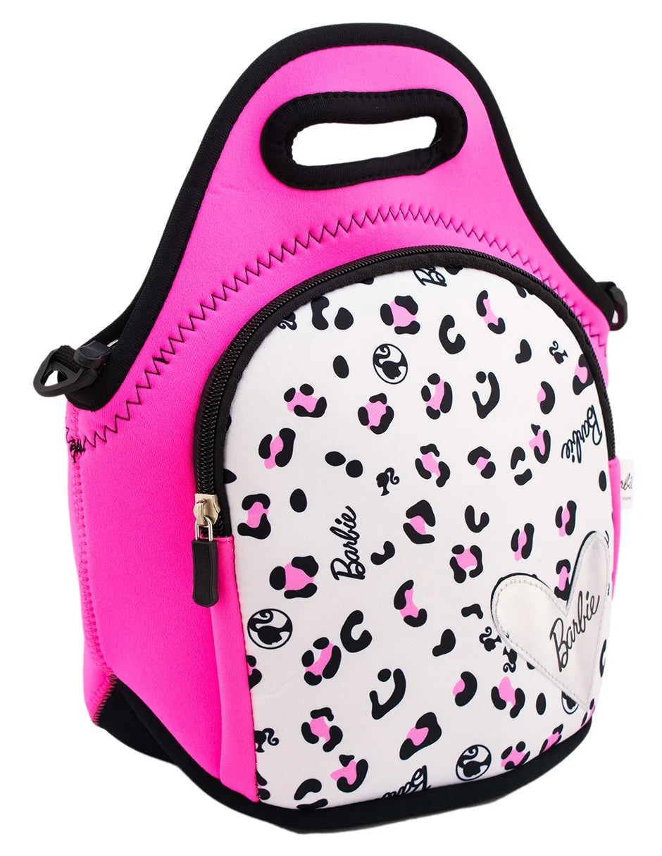 Lonchera térmica Magia Nostálgica de neopreno Barbie con estampado de leopardo, color rosa y detalle de corazón