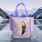 Lonchera Magia Nostálgica morada de Frozen con Elsa y Anna, ideal para llevar snacks con estilo temático.