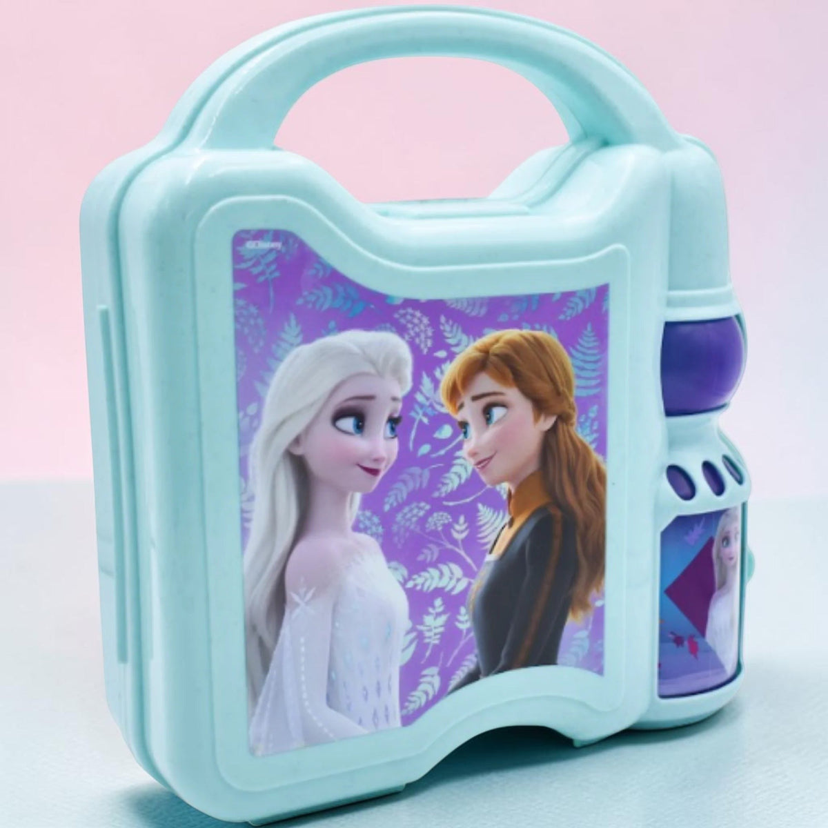 Lonchera Magia Nostálgica de plástico azul con diseño de Anna y Elsa de Frozen e incluye botella de agua integrada