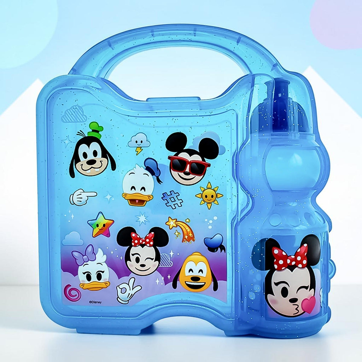 Lonchera infantil Magia Nostálgica de plástico azul con botella integrada y diseño de emojis de personajes Disney