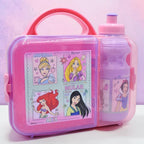 Lonchera Magia Nostálgica rosa de plástico con princesas Disney y botella de agua integrada para niñas