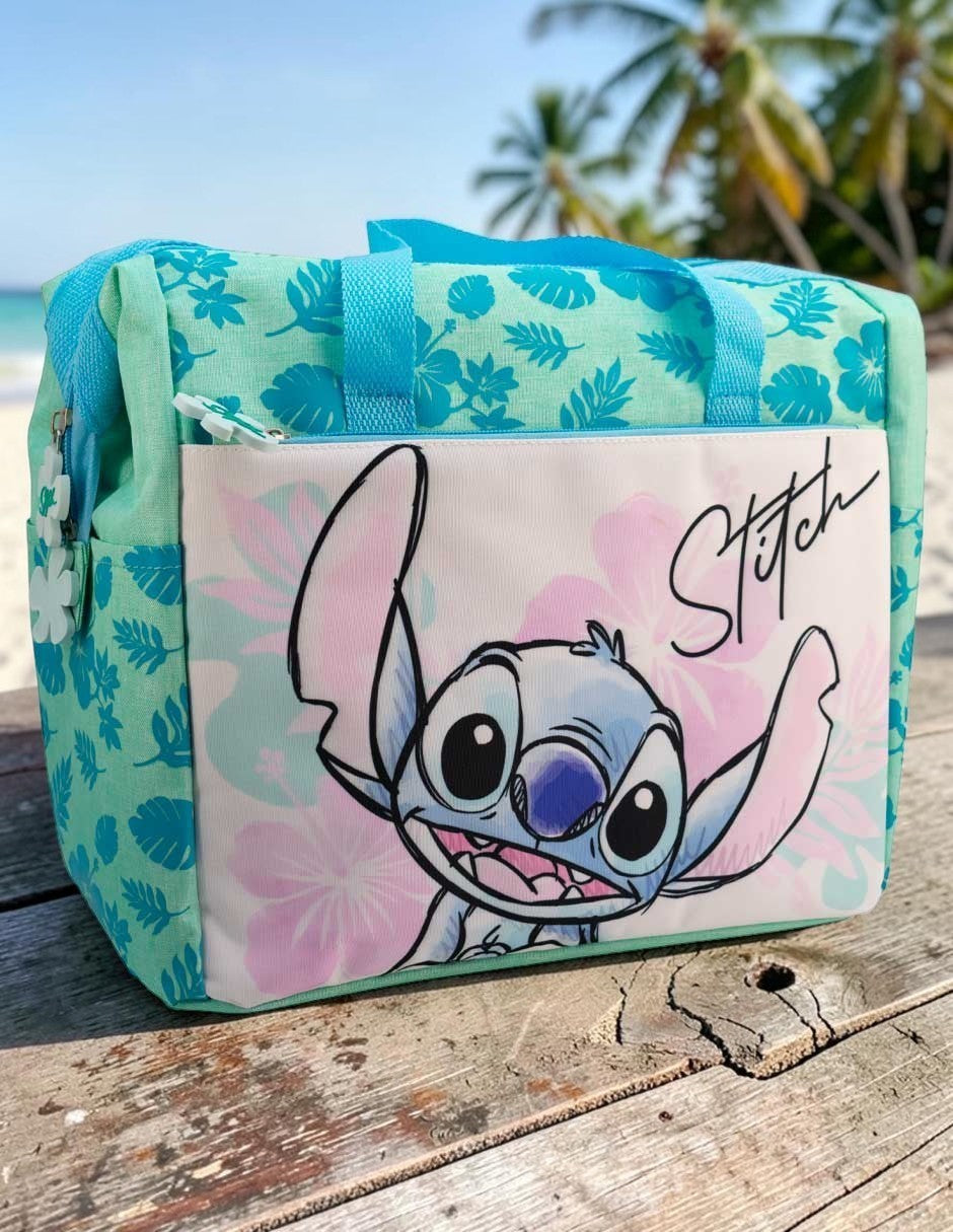 Lonchera térmica Magia Nostálgica de Stitch en poliéster color turquesa con estampado tropical y asas resistentes