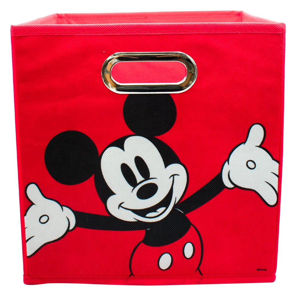 Magia Nostálgica red fabric storage bin featuring a Mickey Mouse graphic and silver metal handle for kids rooms