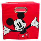 Magia Nostálgica red fabric storage bin featuring a Mickey Mouse graphic and silver metal handle for kids rooms