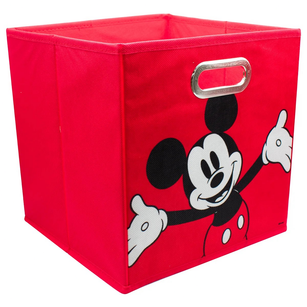 Magia Nostálgica red fabric storage bin featuring a Mickey Mouse graphic and silver metal handle for easy carrying