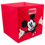 Magia Nostálgica red fabric storage bin featuring a Mickey Mouse graphic and silver metal handle for easy carrying