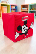 Magia Nostálgica red fabric storage bin featuring a Mickey Mouse graphic with metal handle for kids room organization