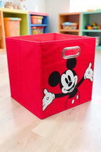 Magia Nostálgica red fabric storage bin featuring a Mickey Mouse graphic with metal handle for kids room organization