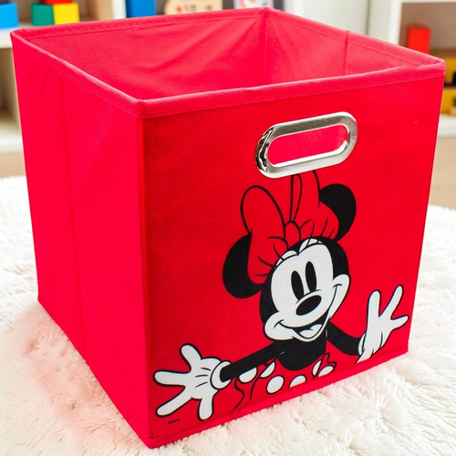 Magia Nostálgica red Minnie Mouse fabric storage bin with silver handle for kids room organization