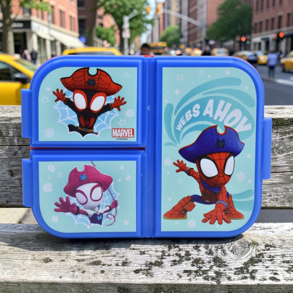 Magia Nostálgica blue plastic food container with 3 compartments and Spidey character graphics for kids