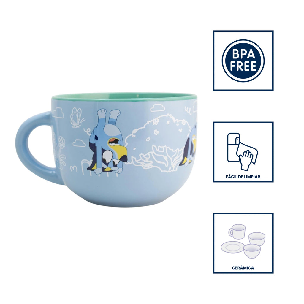 Taza jumbo de cerámica Magia Nostálgica con diseño de Bluey en azul claro y verde, capacidad de 820ml