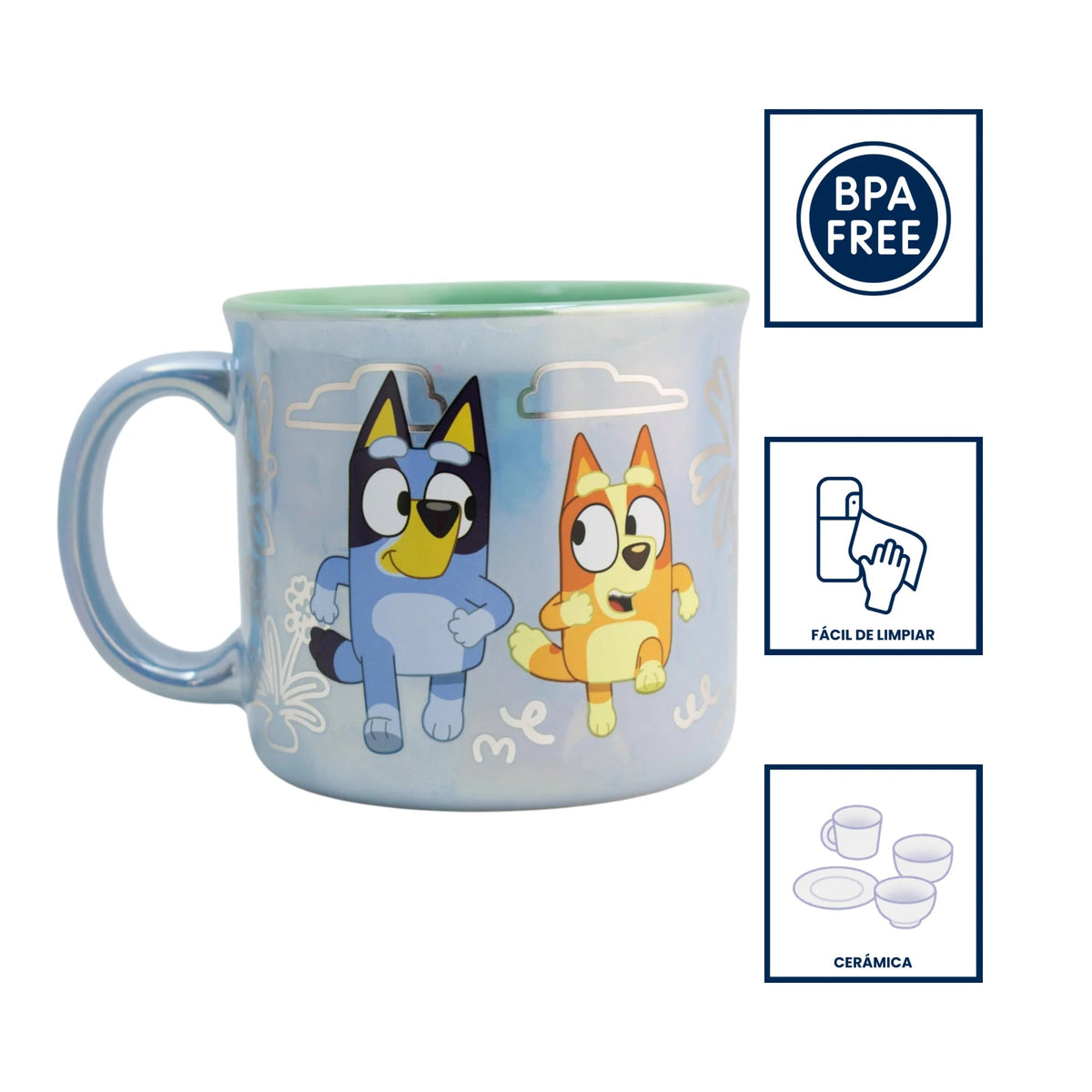 Taza de cerámica iridiscente Magia Nostálgica con diseño de Bluey y Bingo en color azul brillante de 430ml