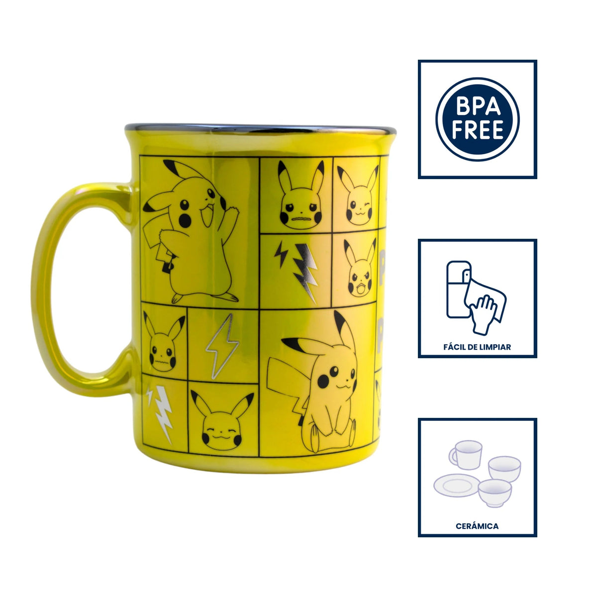 Taza jumbo de cerámica Magia Nostálgica color amarillo con diseño iridiscente de Pikachu y expresiones de Pokémon