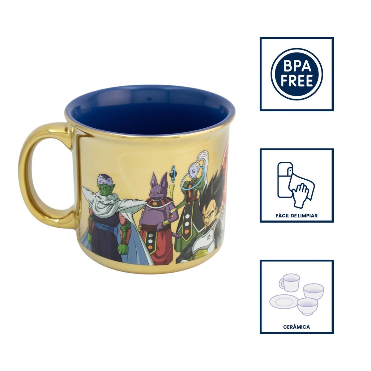 Taza de cerámica iridiscente Magia Nostálgica con diseño de personajes de Dragon Ball Super y acabado dorado brillante.