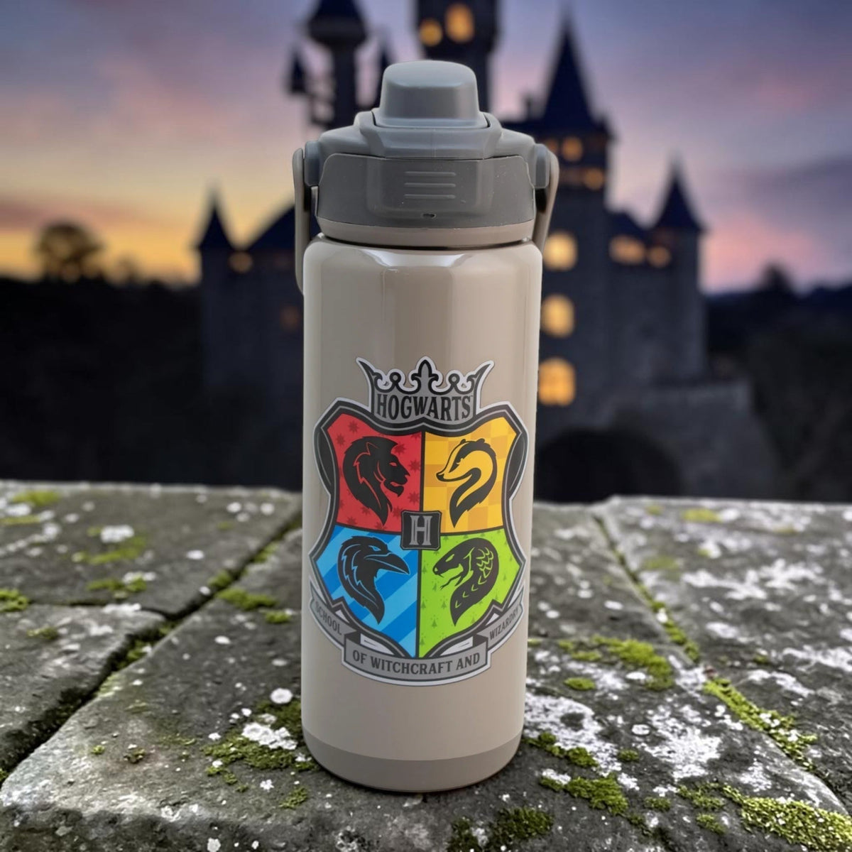 Termo Magia Nostálgica de acero inoxidable con escudo de Hogwarts y tapa de rosca gris sobre muro de piedra