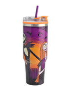 Termo Magia Nostálgica de acero inoxidable 1.2L con diseño de Jack Skellington, asa ergonómica y popote morado.