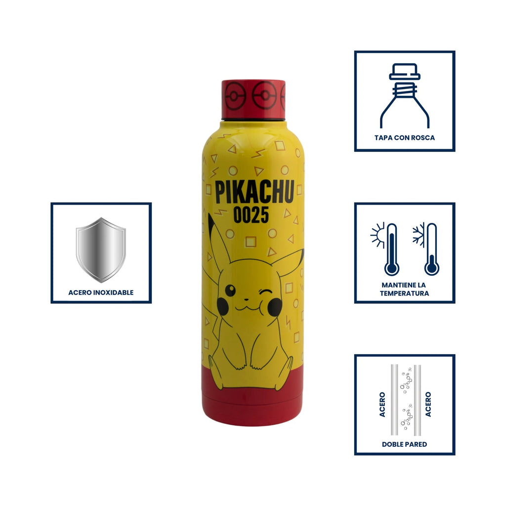 Termo de acero inoxidable Magia Nostálgica de 500ml con diseño amarillo de Pikachu y tapa roja.