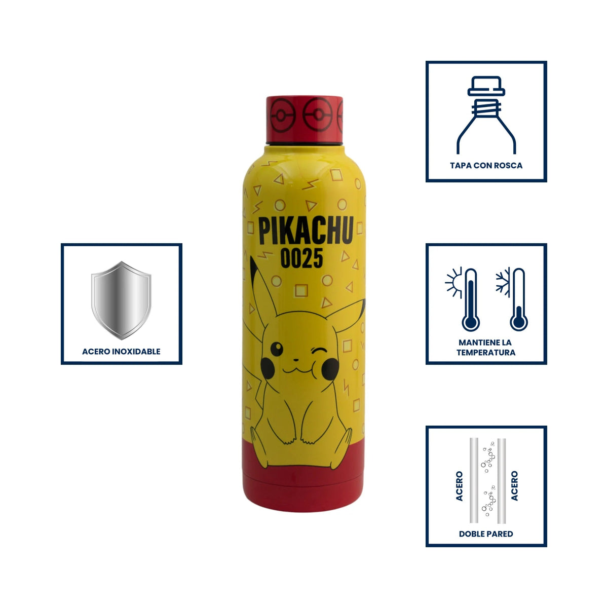 Termo de acero inoxidable Magia Nostálgica de 500ml con diseño amarillo de Pikachu y tapa roja.