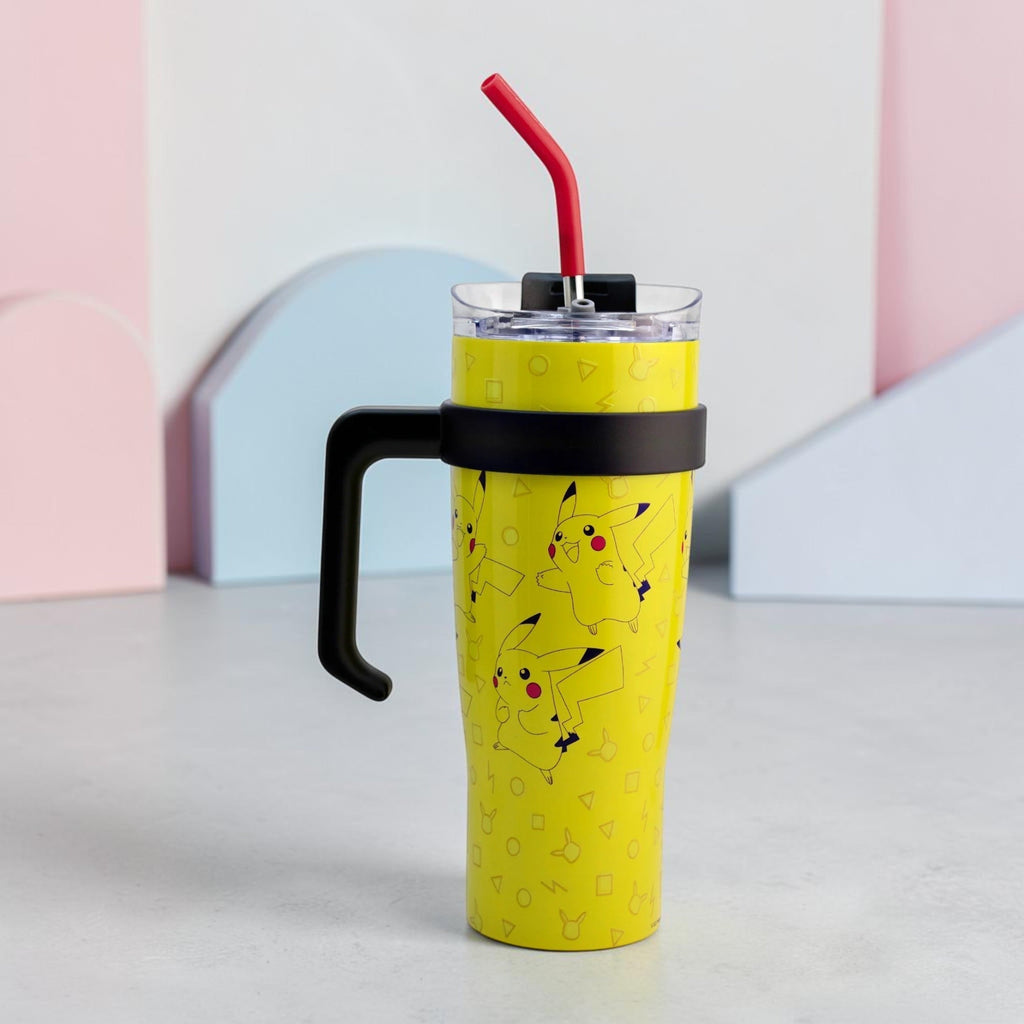 Termo Magia Nostálgica de acero inoxidable amarillo con diseño de Pikachu, 1.2 litros, tapa doble y popote rojo