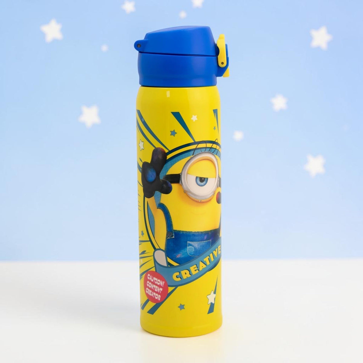 Termo de acero inoxidable Magia Nostálgica de 400ml con diseño amarillo de Minion y tapa azul con seguro