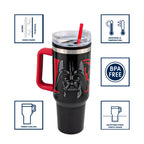 Termo Magia Nostálgica de acero inoxidable 1.2L con diseño de Darth Vader, asa roja, tapa hermética y popote.