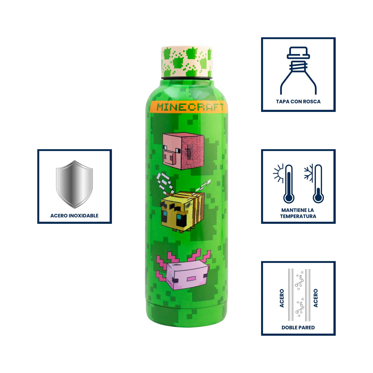Termo de acero inoxidable Magia Nostálgica de 500ml con diseño de Minecraft, personajes y tapa de rosca hermética.