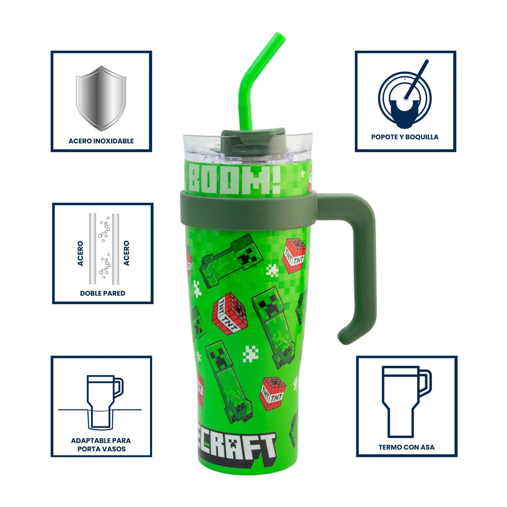 Termo Magia Nostálgica de acero inoxidable verde con diseño de Minecraft, tapa doble, asa y popote flexible