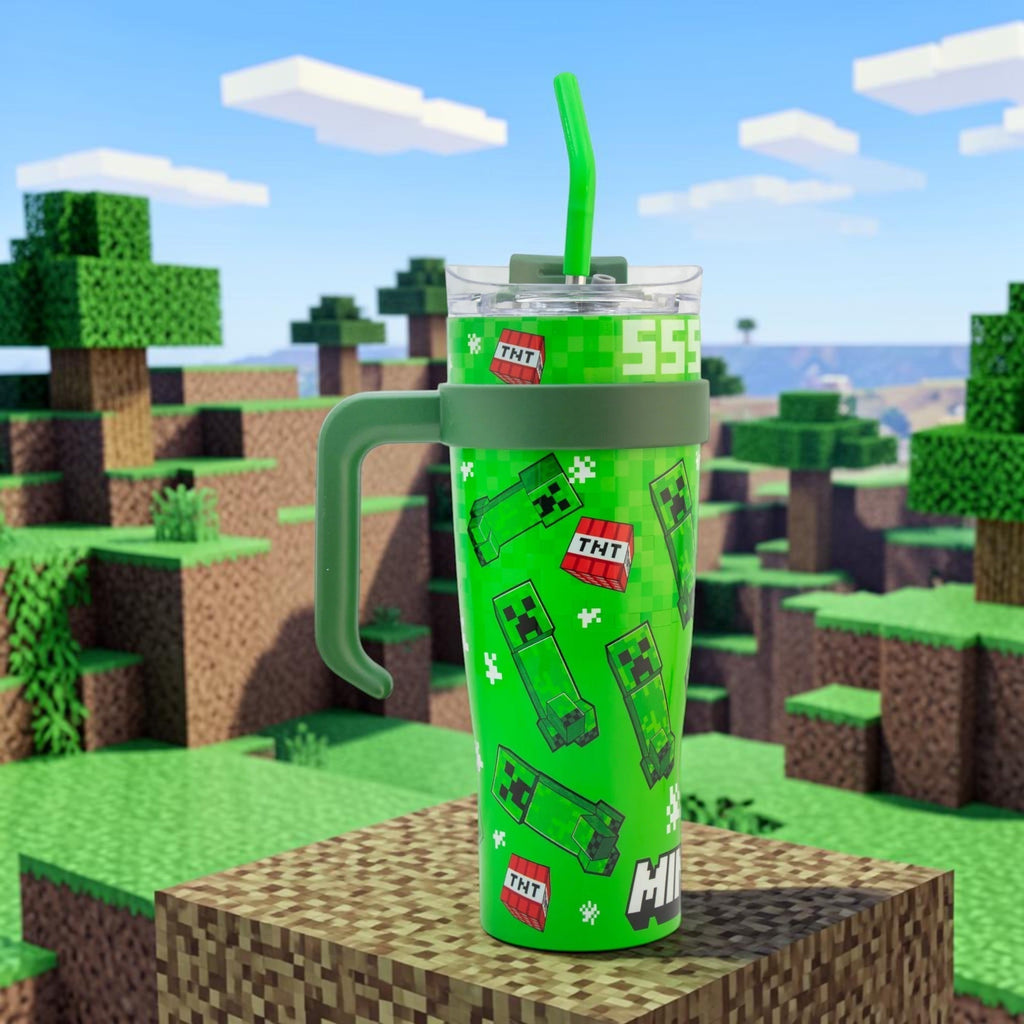 Termo Magia Nostálgica de acero inoxidable verde con diseño de Minecraft, tapa doble, asa y popote flexible