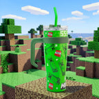 Termo Magia Nostálgica de acero inoxidable verde con diseño de Minecraft, tapa doble, asa y popote flexible