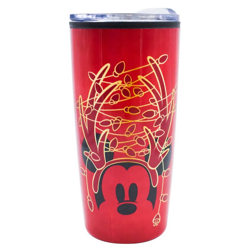 Termo Magia Nostálgica de acero inoxidable rojo con diseño navideño de Mickey Mouse y cuernos de reno